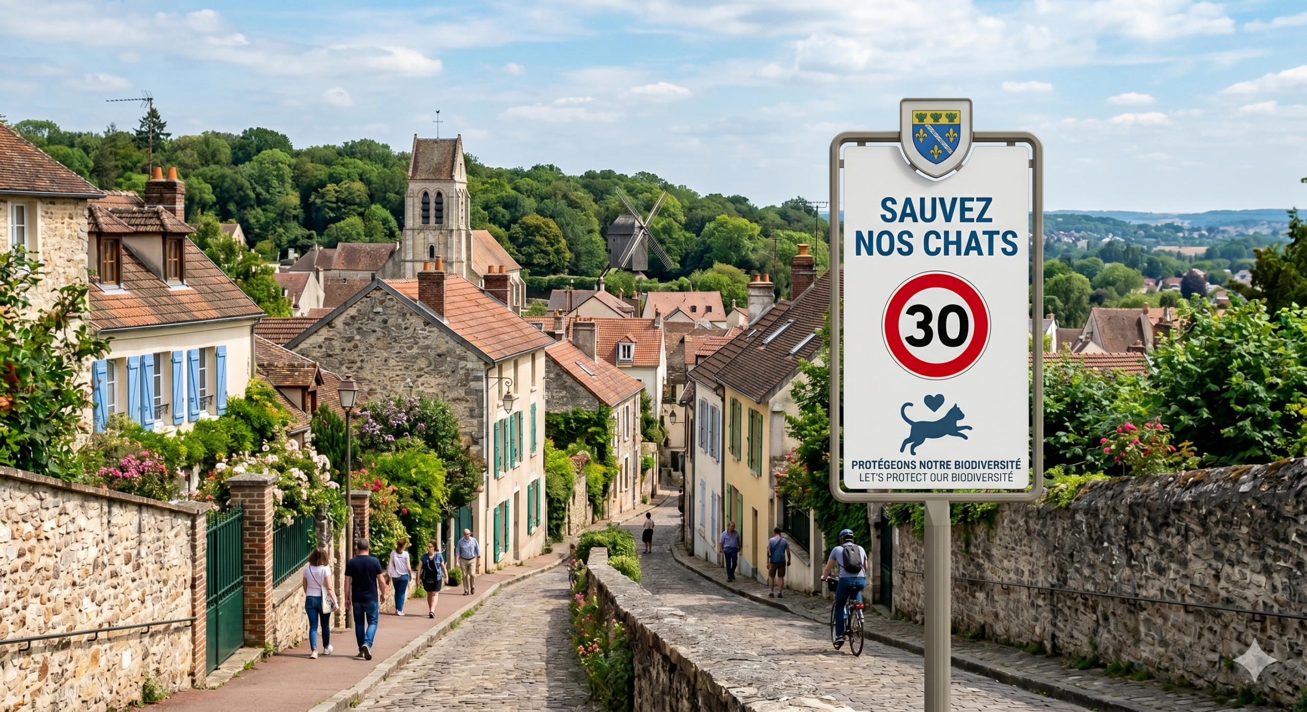 Colorful French village street with stone walls, flowering houses, and a large sign reading 'SAUVEZ NOS CHATS' showing a 30 km/h speed limit and a dog graphic.